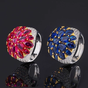 Vintage Palace Style Flower Adjustable Opening Ring For Women Alloy Cubic Zirconia Blue Red Cocktail Finger Jewelry
