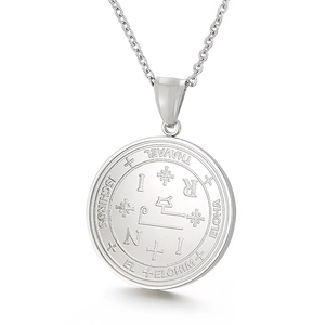 Polished stainless steel round pendant necklace with engraved mystic seal and symbols