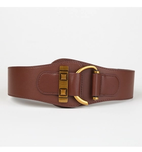 Detail of brown wide leather belt with vintage brass buckles and decorative hardware