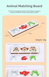Educational wooden animal matching board for kids showing shapes and dimensions