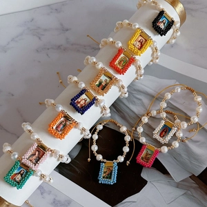 Freshwater Pearl Religious Bracelet Retro Handmade Woven Multicolor Seed Bead Saint Portrait Pendant Adjustable Jewelry