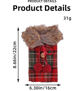 Detail of Christmas wine bottle cover with red plaid fabric and brown faux fur collar