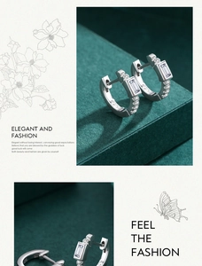 Detail of 925 sterling silver hoop earrings with rectangle and round cubic zirconia