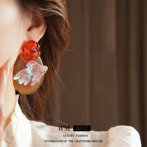 New Chinese style oversized goldfish and flower drop earrings with silver pins for women