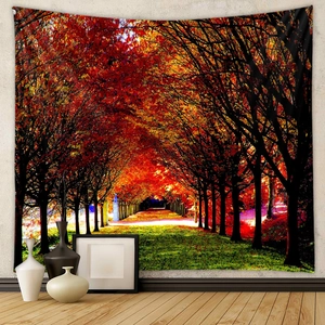 Detail of autumn forest path tapestry with vibrant orange leaves for home wall decor