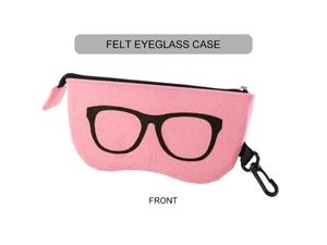 Pink felt eyeglass case with black glasses icon, zipper closure, and convenient clip hook