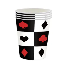 Disposable paper cups set with classic poker card suits and black and white checkered pattern