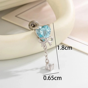 Silver bow earring with light blue heart zircon and dangle chain, 1.8cm length