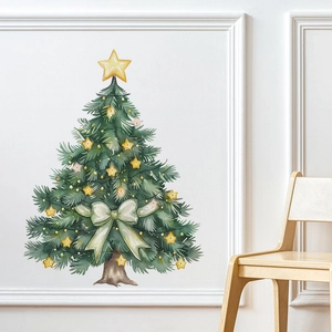 Festive watercolor Christmas tree wall decal with yellow stars and bows for home decor