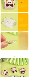 Detail of transparent acrylic panda brooch pins featuring digital printing and safety pins