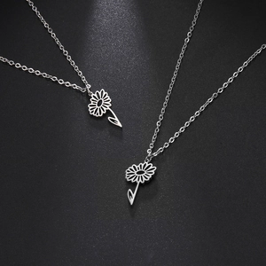 Minimalist silver stainless steel sunflower pendant necklaces for women with floral design