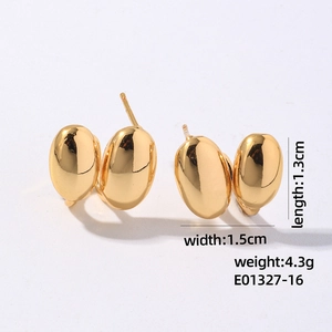 Detailed view of gold stainless steel bean earrings with size and weight dimensions