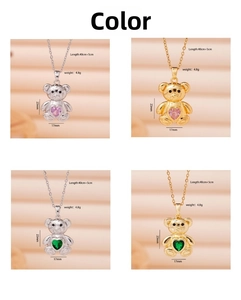 Detailed views of bear pendant necklaces with pink and green zircon heart stones