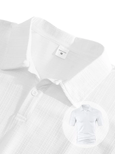 Detail view of white polo shirt fabric texture with lapel collar and size M label