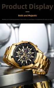 Macro detail of men's gold chronograph watch with black dial and luminous sub-dials