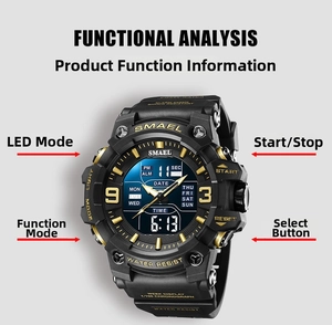 Detail view of sport watch showing LED backlight and digital-analog dual display functions