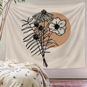 Minimalist bohemian tapestry with orange circular art and botanical line drawing