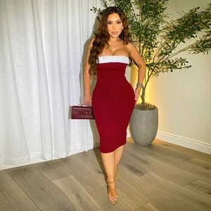 Elegant red bodycon tube midi dress with white contrast neckline and rib-knit texture