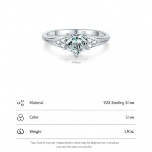 925 Sterling Silver crown ring with heart-shaped cubic zirconia and size parameters