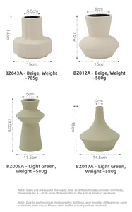 Size chart showing dimensions for four cream ceramic vases in beige and light green colors