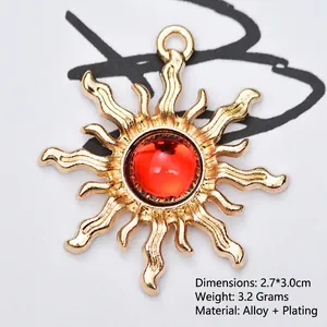 Baroque sun flower alloy pendant with red resin gemstone for DIY jewelry making