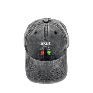 Detail of Jesus calling print on washed denim baseball cap with call icons