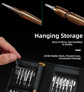 Detailed view of 24 precision magnetic screwdriver bits in a snap-on leather storage case
