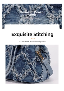 Detailed close-up of frayed denim fabric texture and gold metal hardware on blue bucket bag