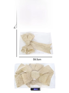 Detailed view of large gold Christmas bow dimensions 59.5x43.5cm and 177.8g weight