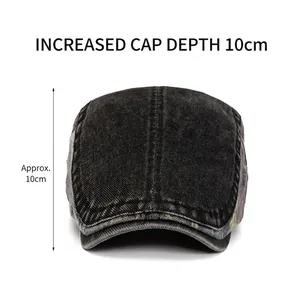 Deep crown 10cm washed dark gray denim newsboy cap with vintage distressed texture