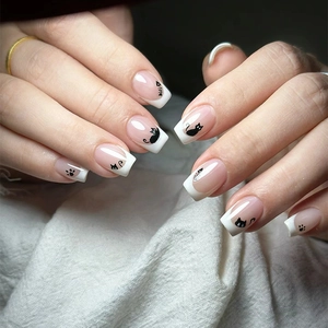 Cute Cartoon Black Cat Press On Nails French Tip White Short Square Shape Fake Nails Cat Paw Fish Bone Pattern For Women