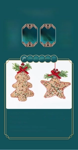 Detail view of non-woven Christmas ornaments with red bows and product dimensions