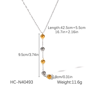 Detailed dimensions of stainless steel Y-shaped necklace with two-tone metallic beads