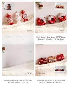 Detailed views of red Christmas ornaments including donuts, stars, and trains with specs
