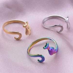 Adjustable geometric cat open rings in gold, silver, and rainbow stainless steel finishes