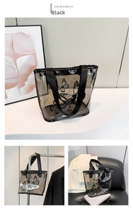 Detailed view of transparent PVC tote bag with black butterfly prints and fabric straps