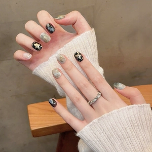 Luxury emerald and gold flower handmade press-on nails with marble texture design
