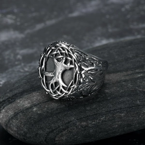 Vintage Tree of Life stainless steel ring with Celtic knot patterns on a black stone