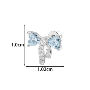 Bowknot ear stud with blue heart zircons and dimensions of 1.0cm by 1.02cm