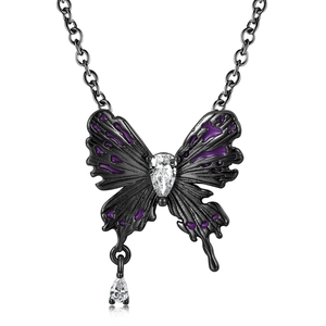 Gothic S925 silver black butterfly necklace with purple enamel and white zircon stones