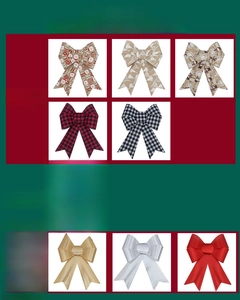 Close-up of assorted PVC Christmas bows in burlap, velvet and metallic textures