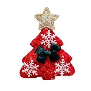 Cute red Christmas tree brooch with golden star and white snowflakes for bags and sweaters
