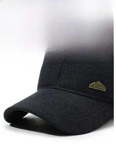 Close-up of navy wool baseball cap with China logo and textured tweed fabric detail
