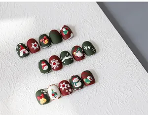 Detail of 3D embossed Christmas nail stickers with snowman and tree patterns