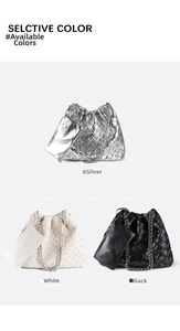 Detailed view of woven chain tote bags with matching coin purses in silver, black and white