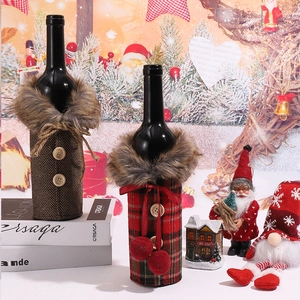 Christmas wine bottle covers with faux fur collars in herringbone and red plaid patterns