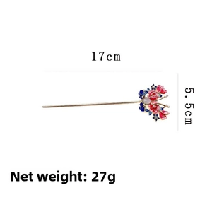 Detailed view of 17cm floral hair pin with dimensions showing enamel flowers and gems