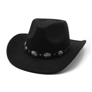 Classic black wool fedora hat with silver metal studs on leather belt, western cowboy style
