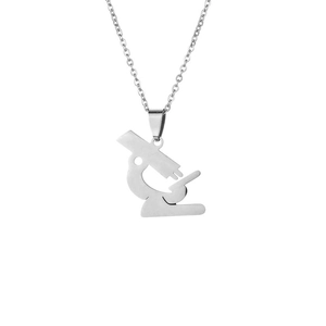Polished silver microscope pendant necklace in stainless steel with classic link chain