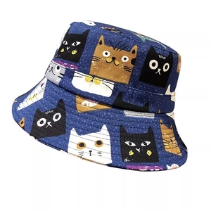 Navy blue bucket hat with cartoon cat pattern and sun protection for outdoor fashion